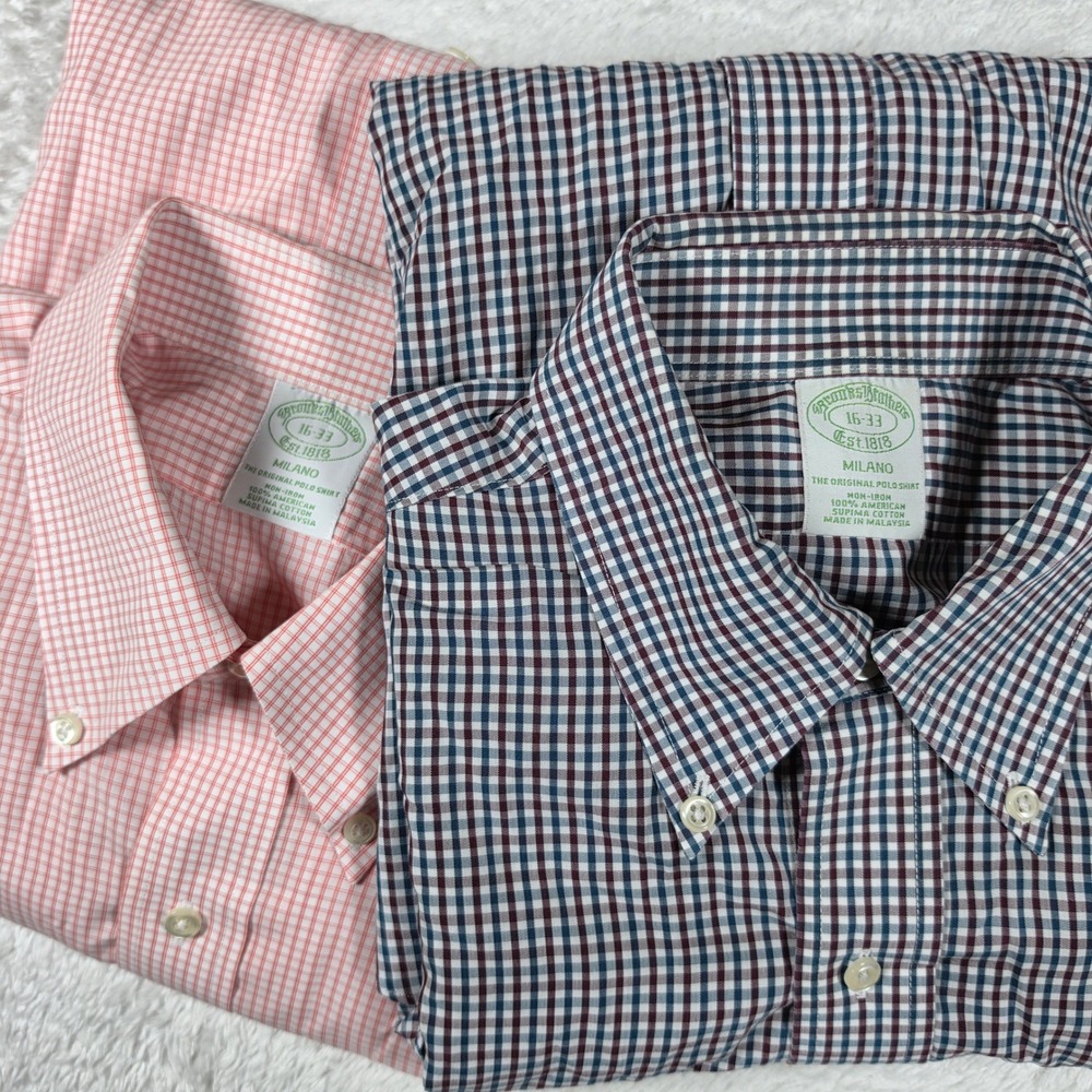 2 Pack Brooks Brothers Milano Fit Men 16-33 Pink Navy Button Up L/S Cotton